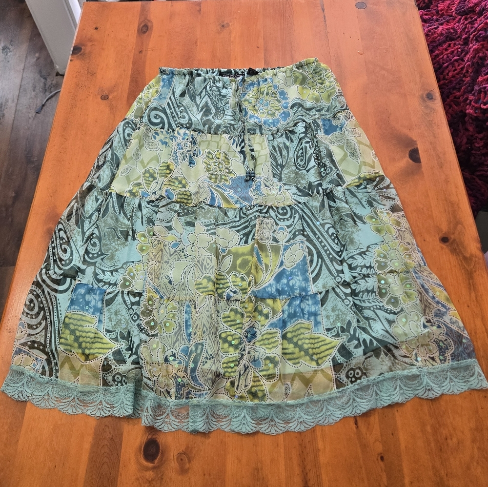 New York City Design Co Flare Patchwork Skirt Ruffle Layers 100% Silk Sz M Flaws